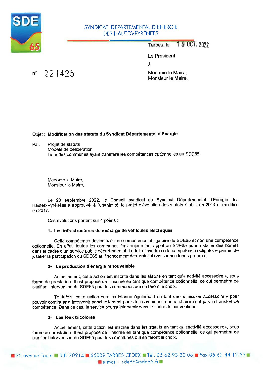 MODIFICATION DES STATUTS DU SDE65